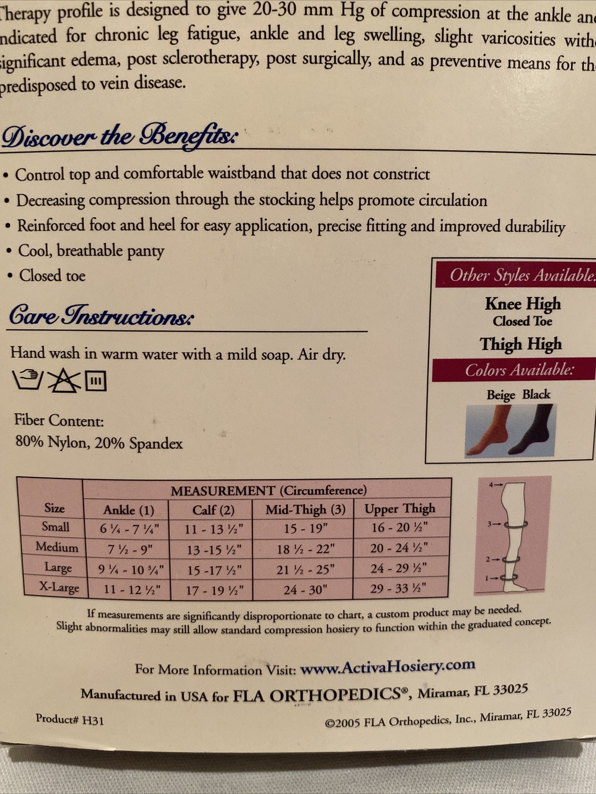 ACTIVA PANTYHOSE Women 20-30mmHG Graduated Compression Control Top Large Black
