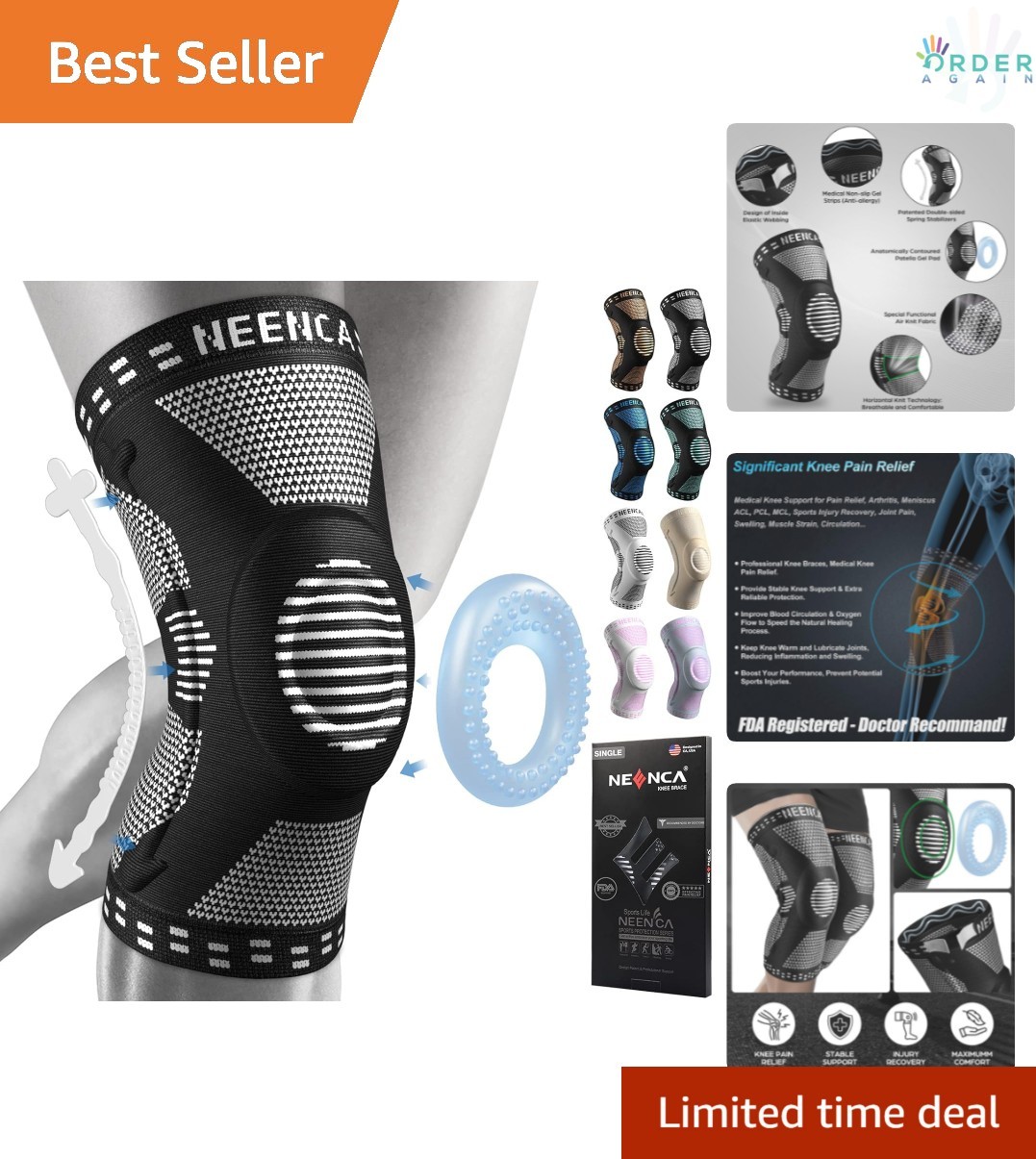 Knee Support Brace Compression Sleeve with Patella Pad Stabilizers for Pain