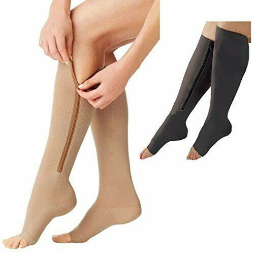 OPEN TOE Compression Socks 20-30mmHg Graduated Knee High Calf Zip 1 & 3 Pairs