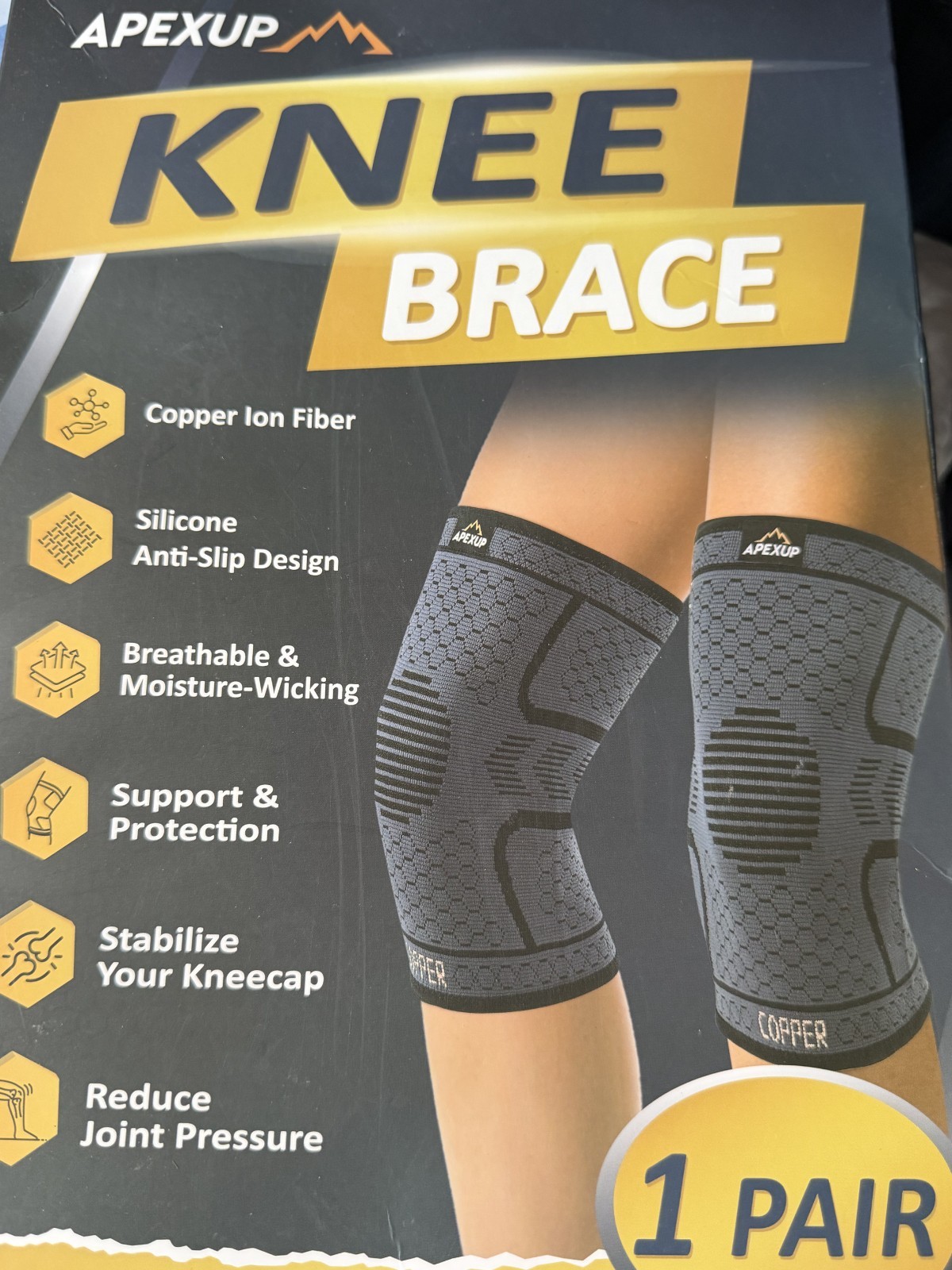 Apexup Black Copper Ion Fiber Pair Knee Brace Set Size XL