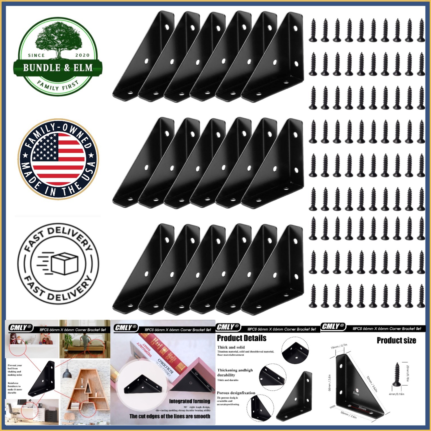 Universal Furniture Corner Connectors, 18 Black Brackets for Easy Assembly