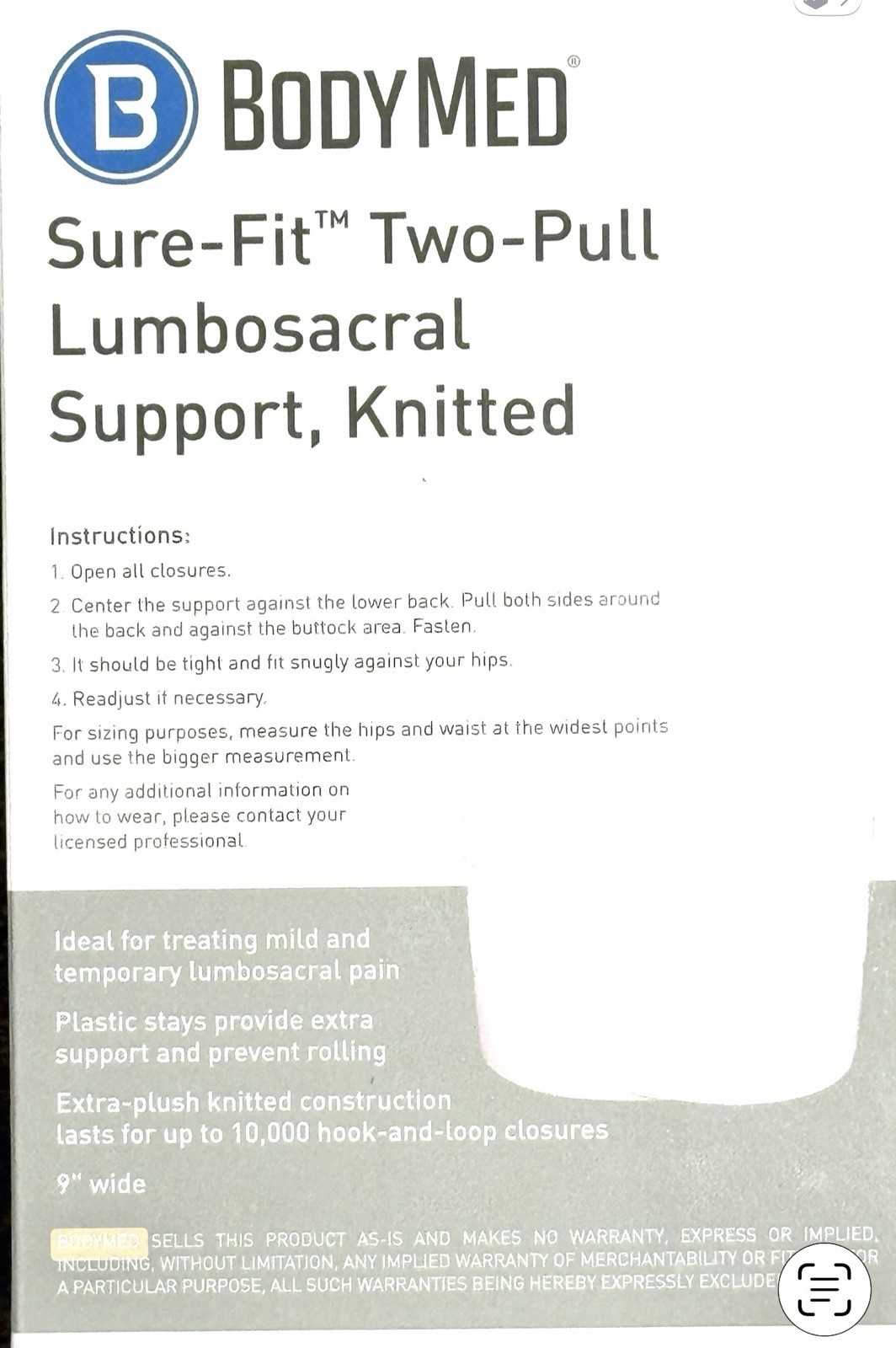 BodyMed Two Pull Lumbosacral Support Back Brace 34”-46”