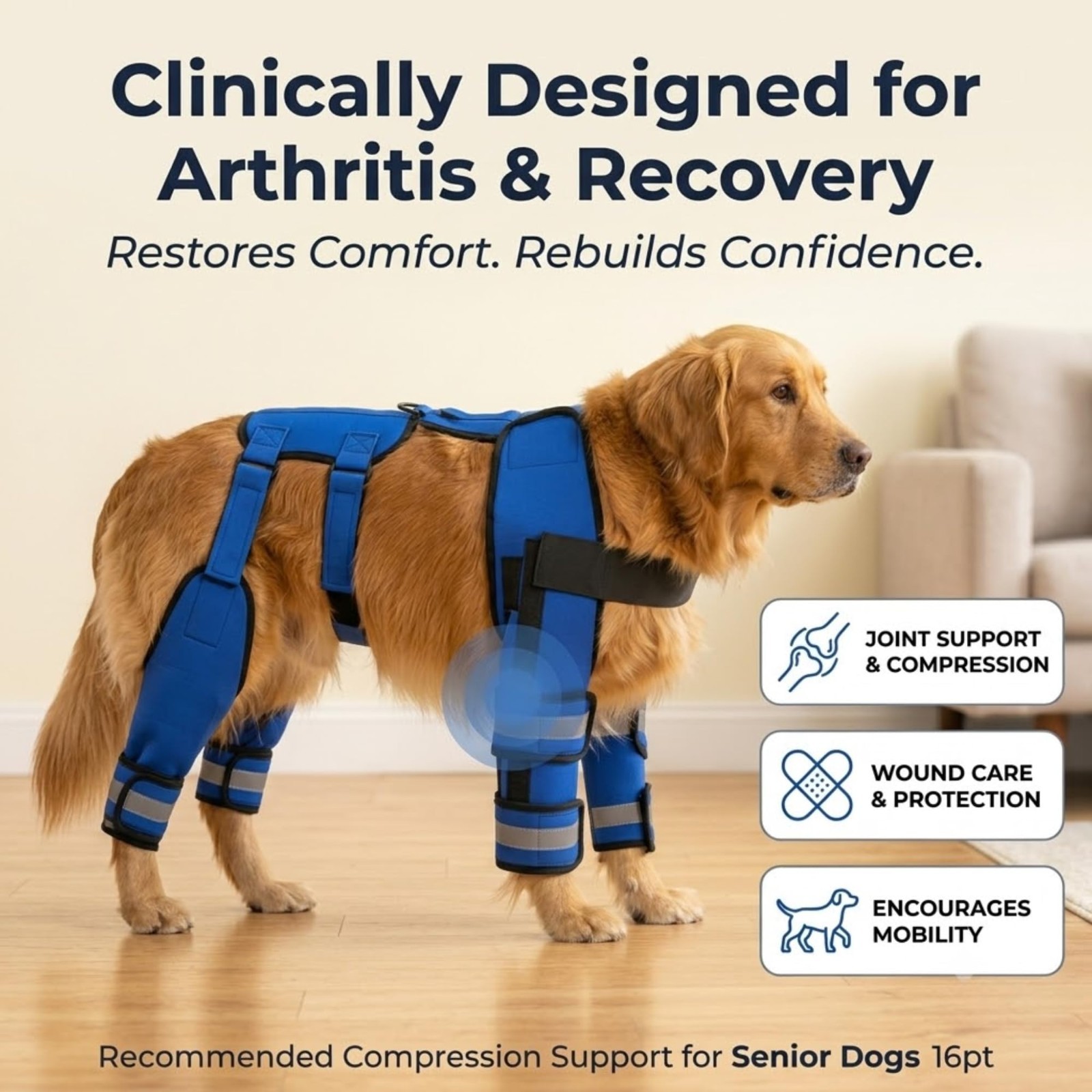 Adjustable Dog Knee Brace with 4 Support Strips, Elbow Support, Reflective Wrap