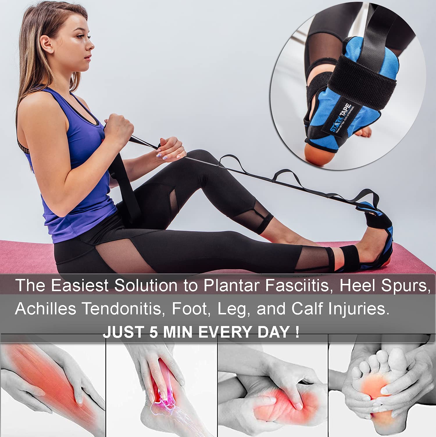 Starktape Fitness Foot and Leg Stretcher for Plantar Fasciitis, Improve Blue