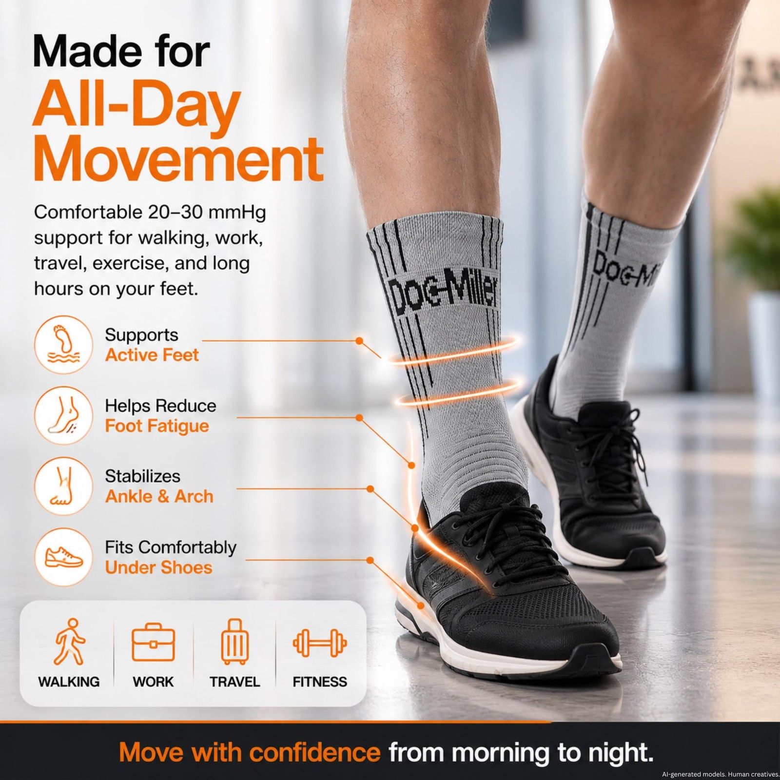 Doc Miller Plantar Fasciitis Compression Socks, 20-30mmHg, 1 2X-Large, Orange