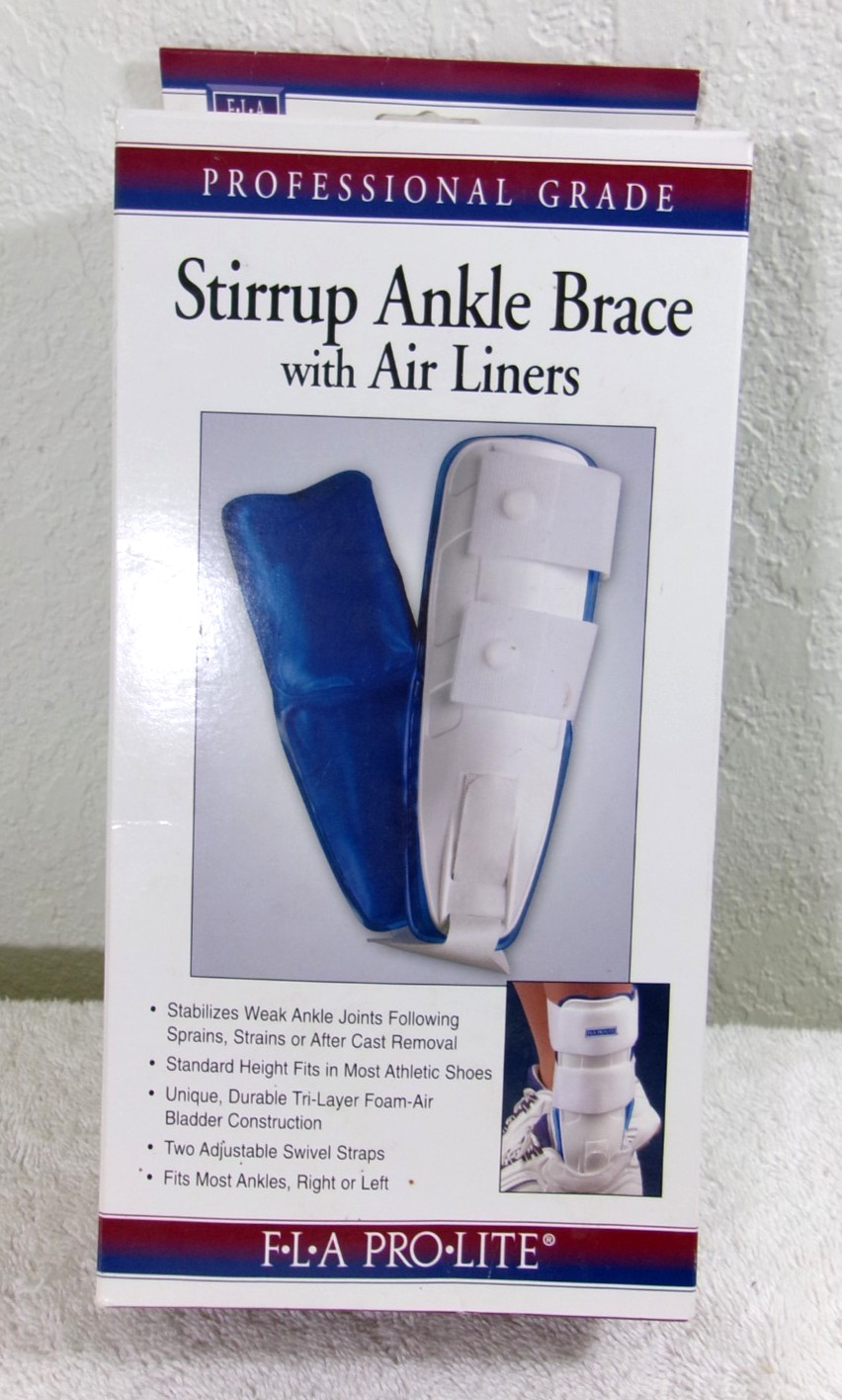 FLA Orthopedics Pro-Lite Stirrup Ankle Brace w/AirLiners Universal fit Wht/Blue