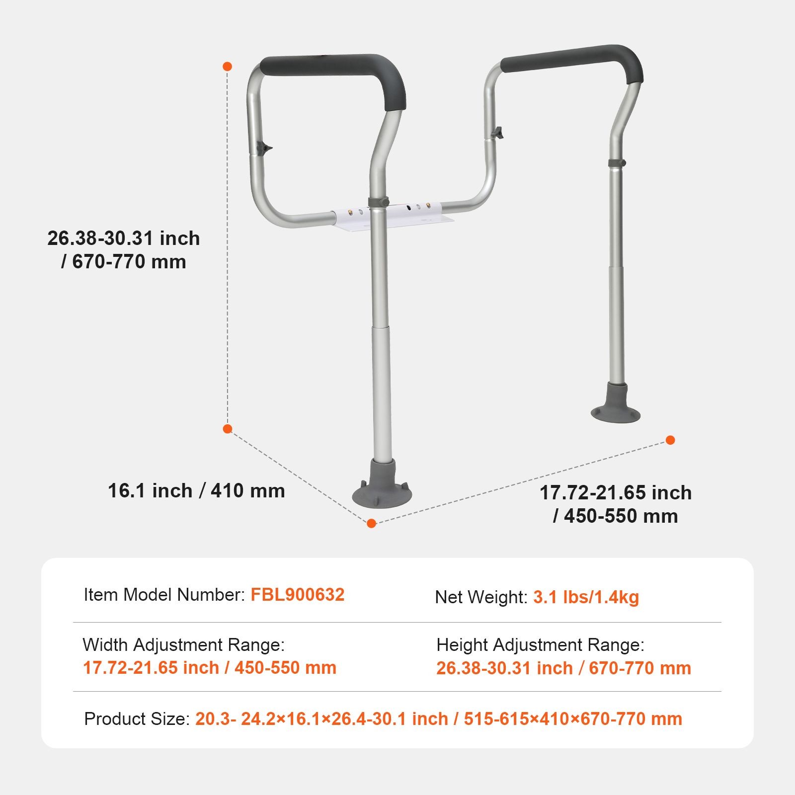 Toilet Safety Rail, Bathroom Toilet Seat Frame, Adjustable Width & Height Fit