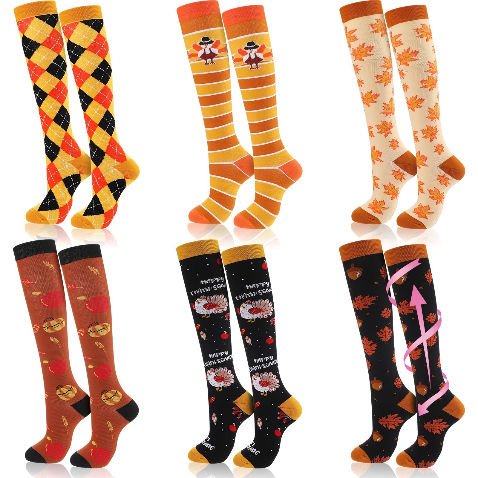 Thanksgiving Fall 2030mmhg Compression Knee High Socks For Men Women 6 Pairs