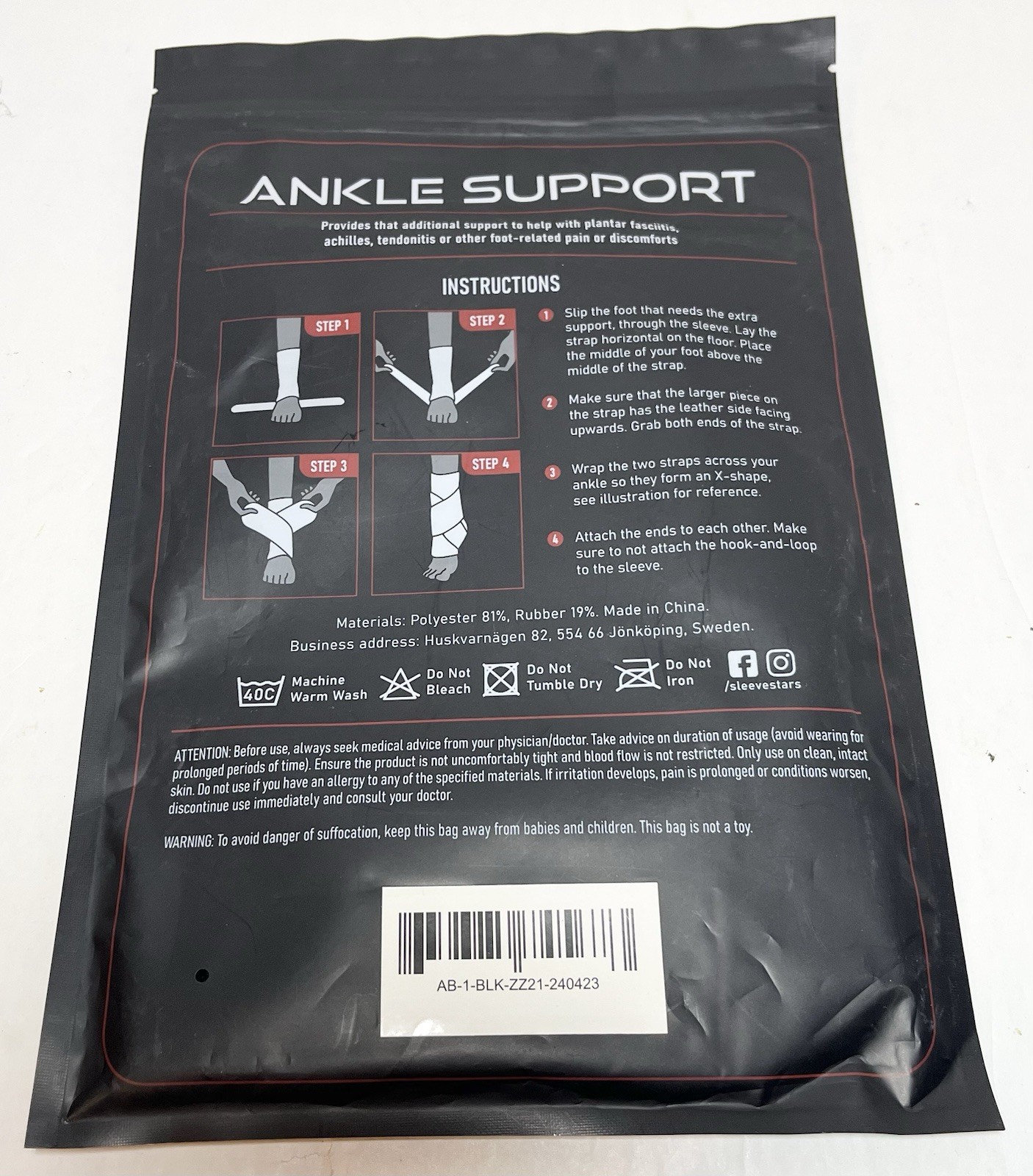 Ankle Compression Sleeve Support Black Unisex Pain Relief Single