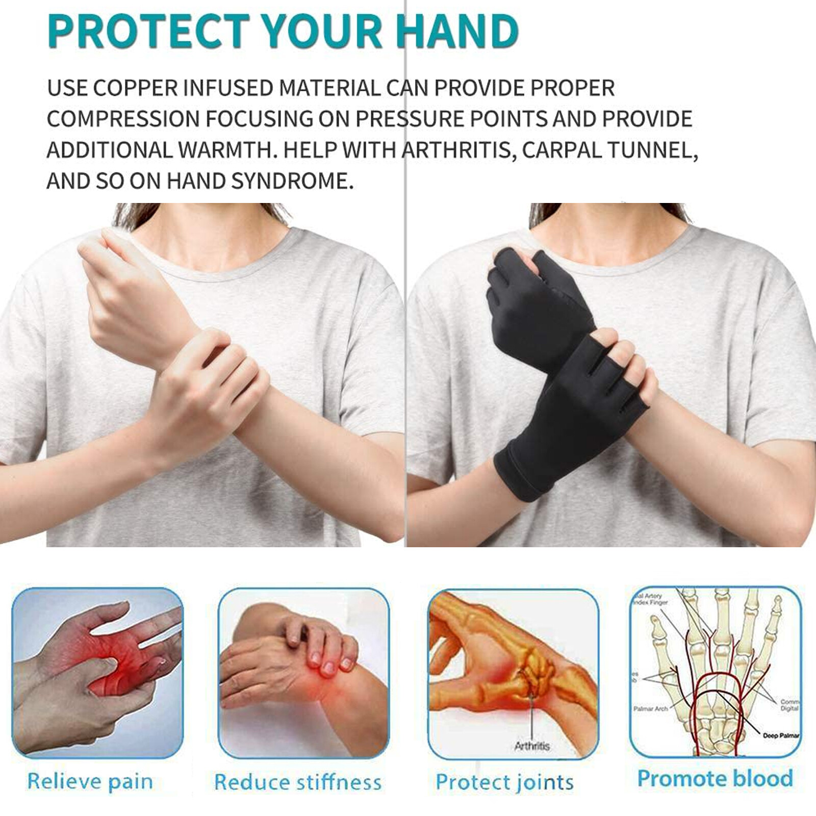 Copper Compression Arthritis Gloves Men Women Half Finger Pain Relief Gloves