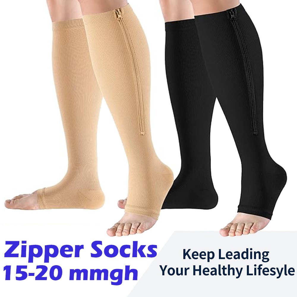 3 Pair Compression Socks Zippered Open Toe 30-40mmHg with Zipper Safe Protection
