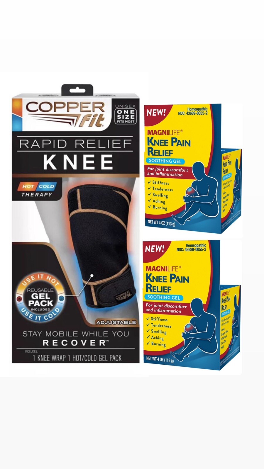 3Pk 1 Copper Fit Rapid Relief Knee Compression& 2 Magnilife Knee Pain Relief Gel