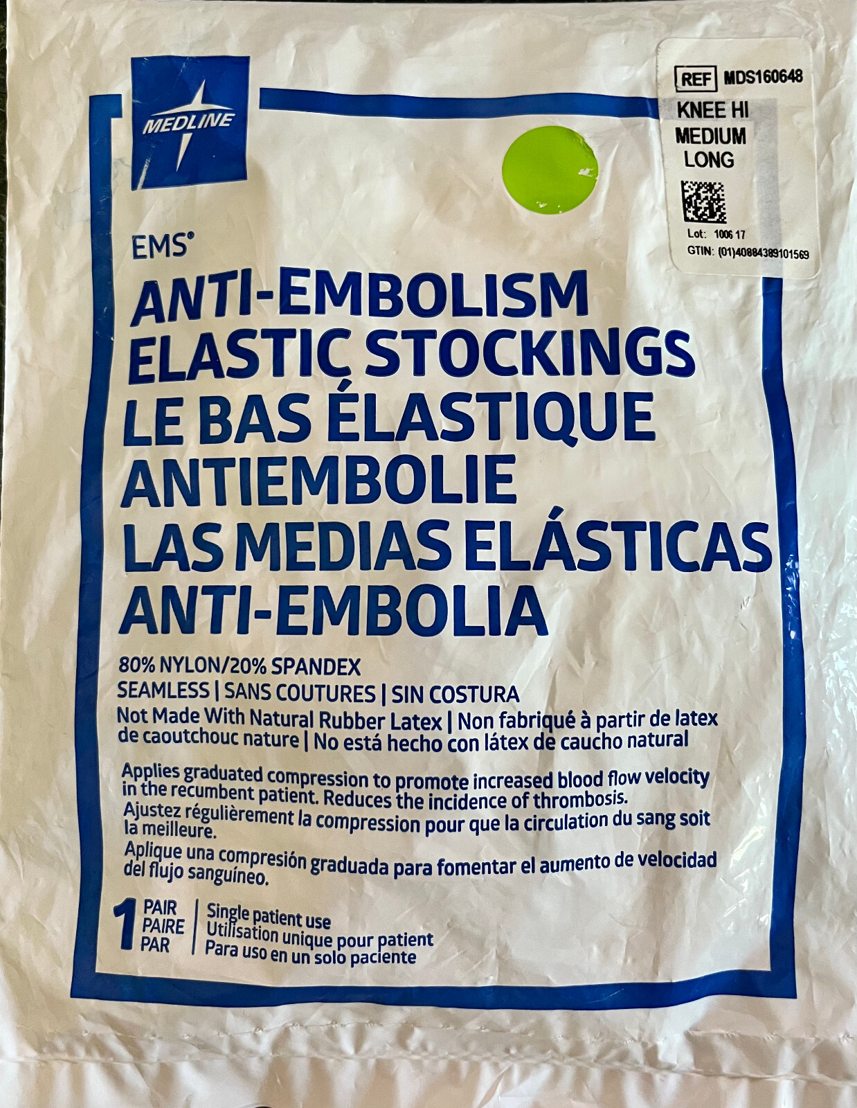 EMS Medline Knee-High Anti-Embolism Elastic Stocking Medium Long White New