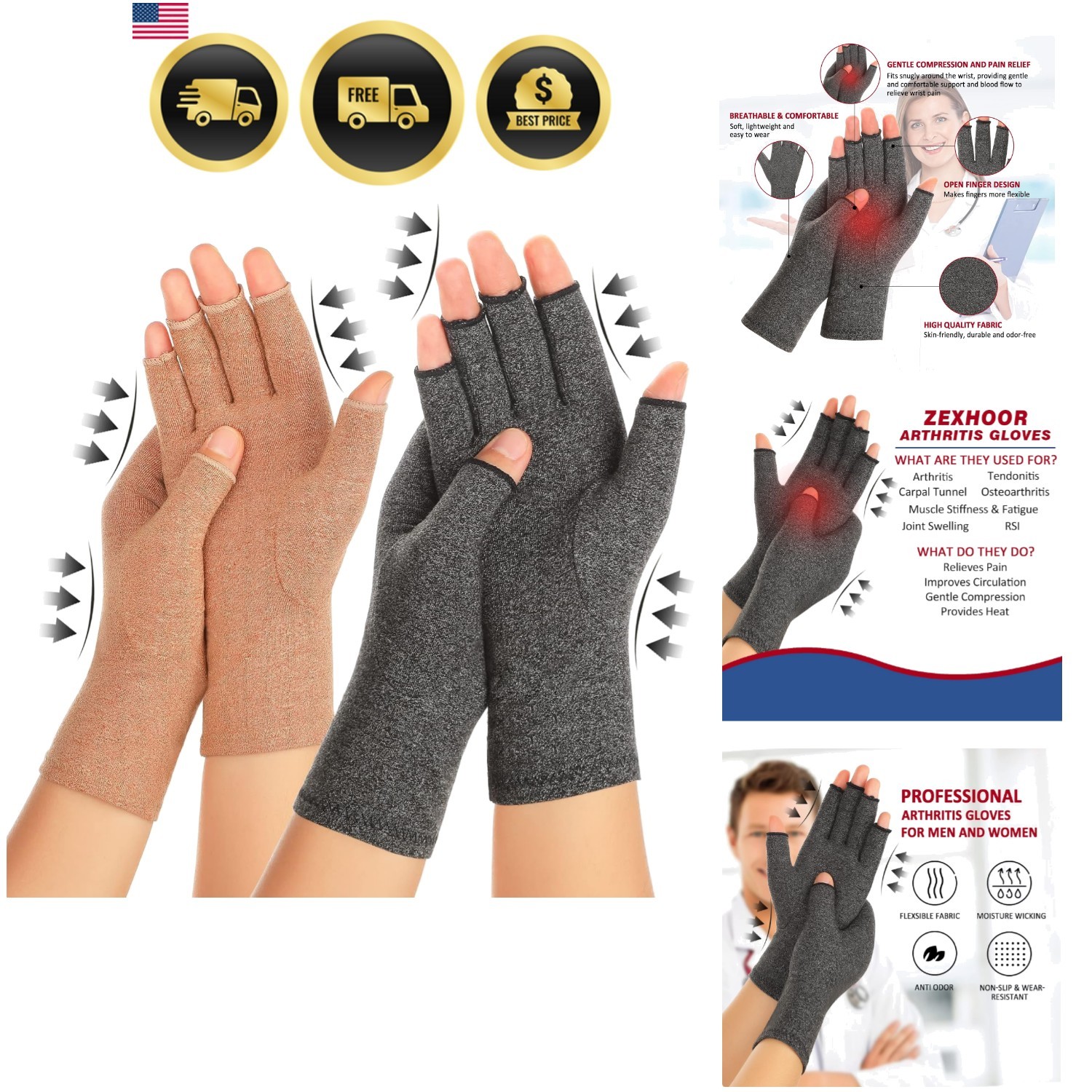 2 Pairs Arthritis Compression Gloves for Women Men, Carpal Tunnel Pain Relief…