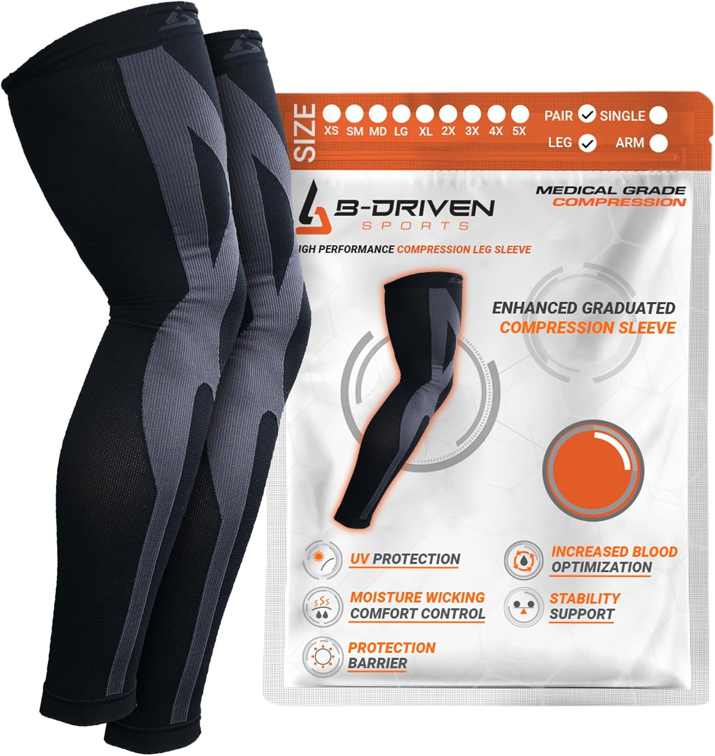 Full Leg Compression Sleeves, Graduated Compression 20-30Mmhg, Thigh to Ankle, M
