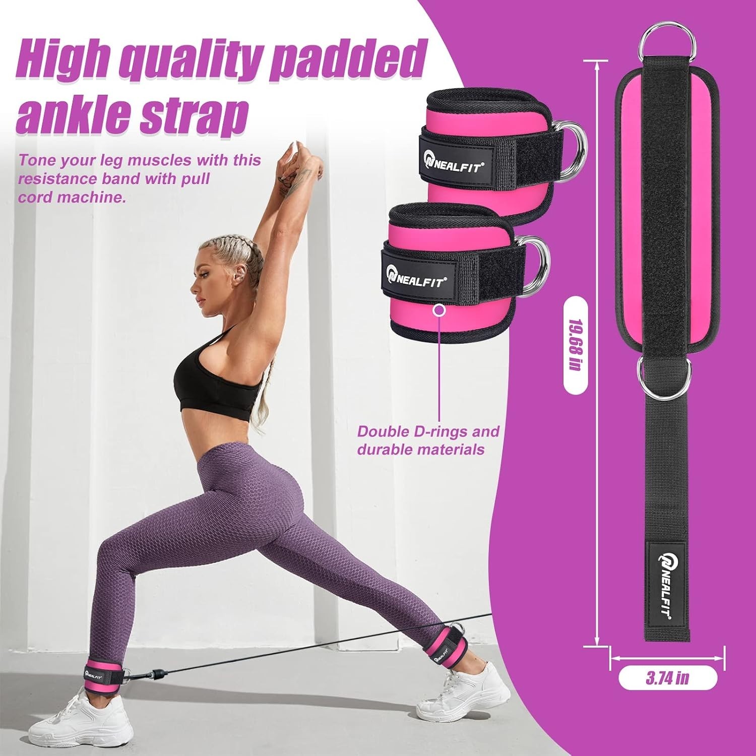 Adjustable Pink Ankle Strap for Cable Machines – 7mm Neoprene Comfort