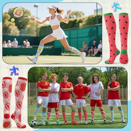 6 Pairs Funny Socks for Women and Men, Knee High over The Calf Athletic Fruits