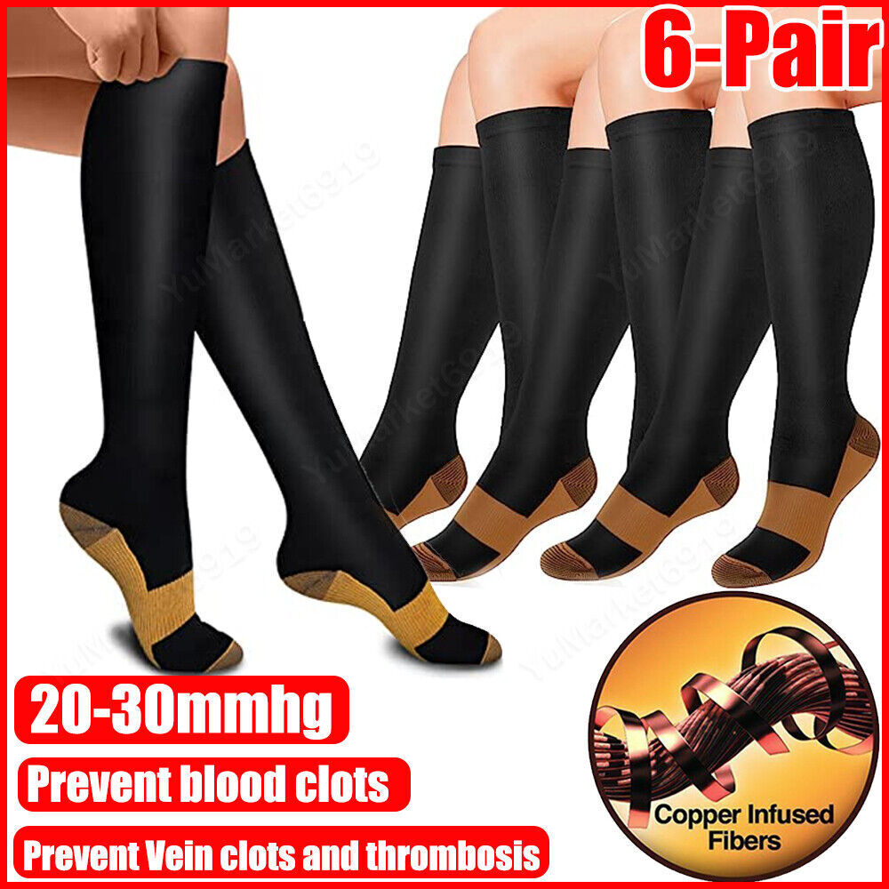 (S-XXL) Copper Compression Support Socks 20-30mmHg Knee High Unisex 3/6 Pairs–