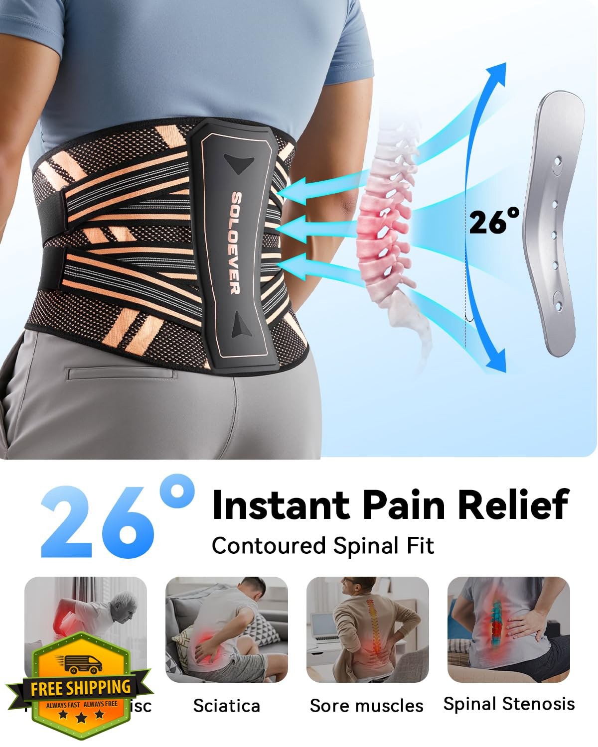 SOLOEVER Back Brace Black X-Large