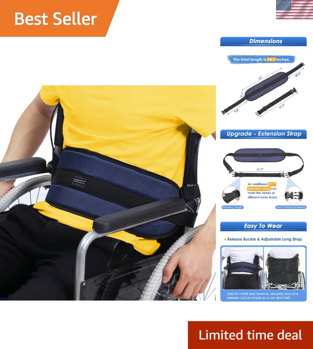 Durable Wheelchair Safety Harness – Adjustable Belt for Elderly Fall Prevention