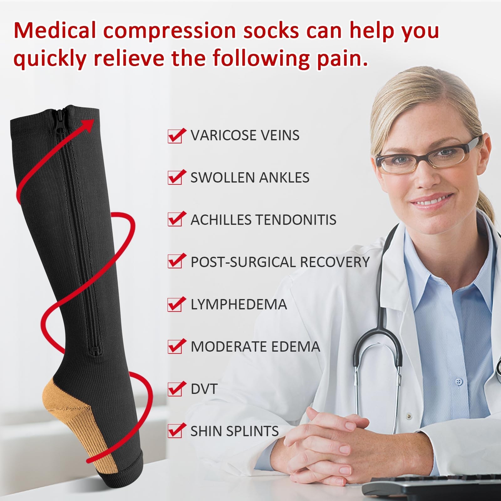 3 Pairs Knee High Compression Socks 15-20 mmHg with Zipper, Open Toe for Varicos