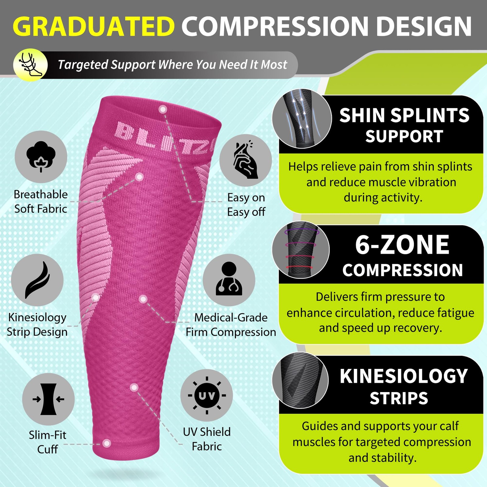 BLITZU Calf Compression Sleeves, Footless Small/Medium, Pink