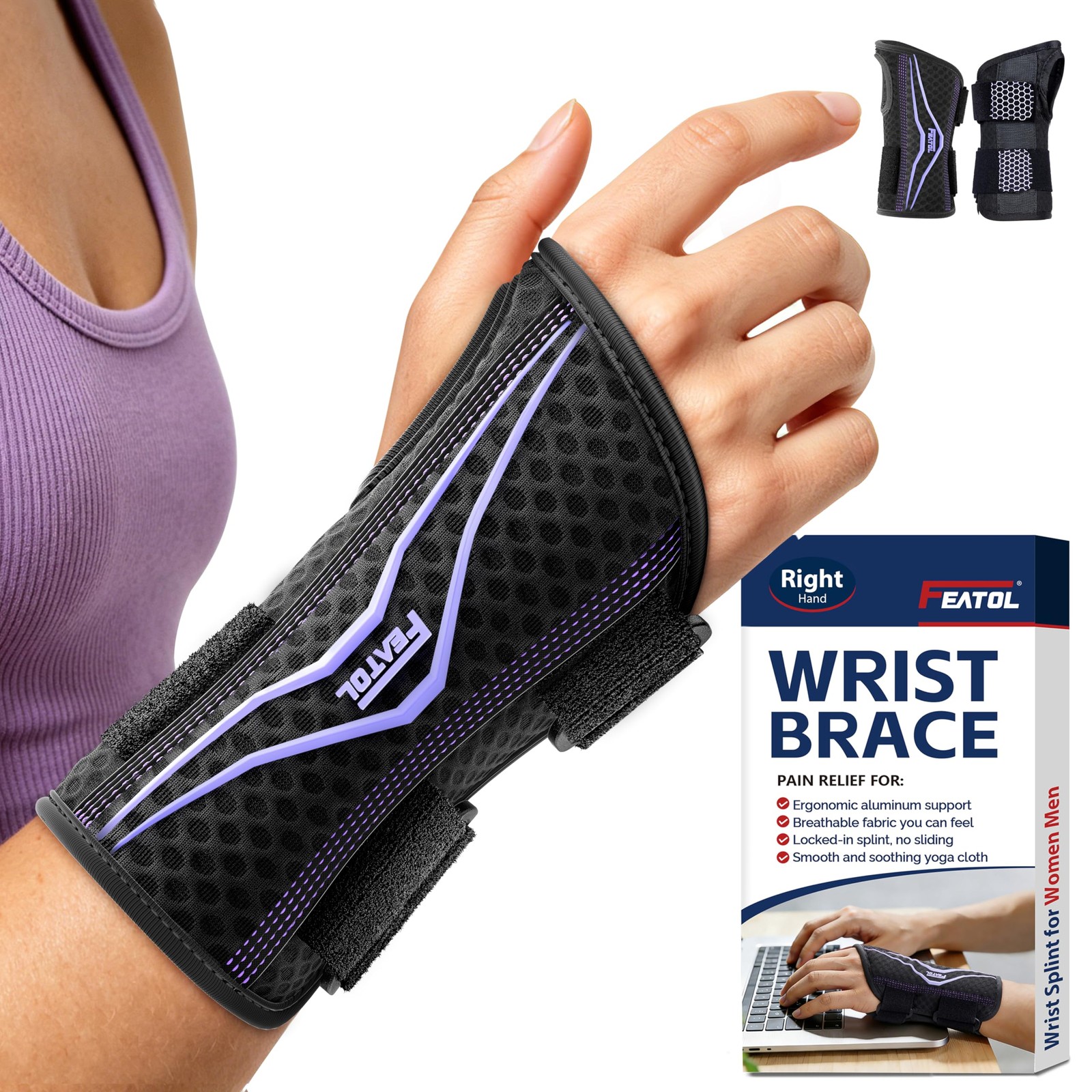 FEATOL Wrist Brace with Ergonomic Splint Right Medium, Black Purple