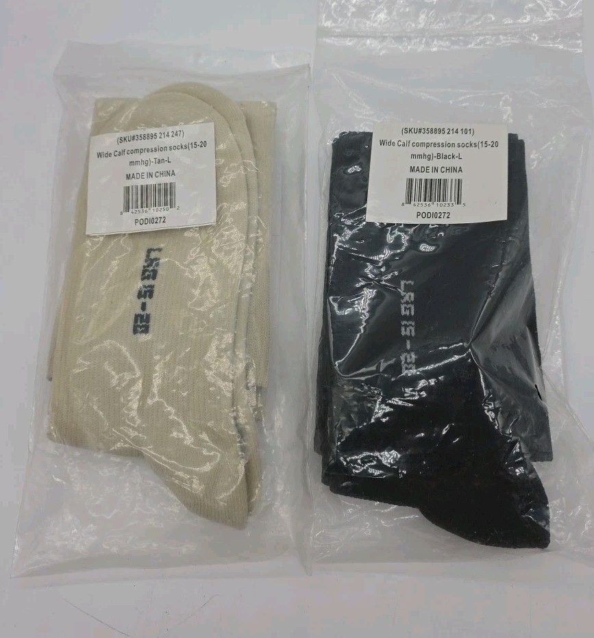 Compression Socks Wide Calf 15-20mmHg Black Tan Large Silver Steps 2 Pack New