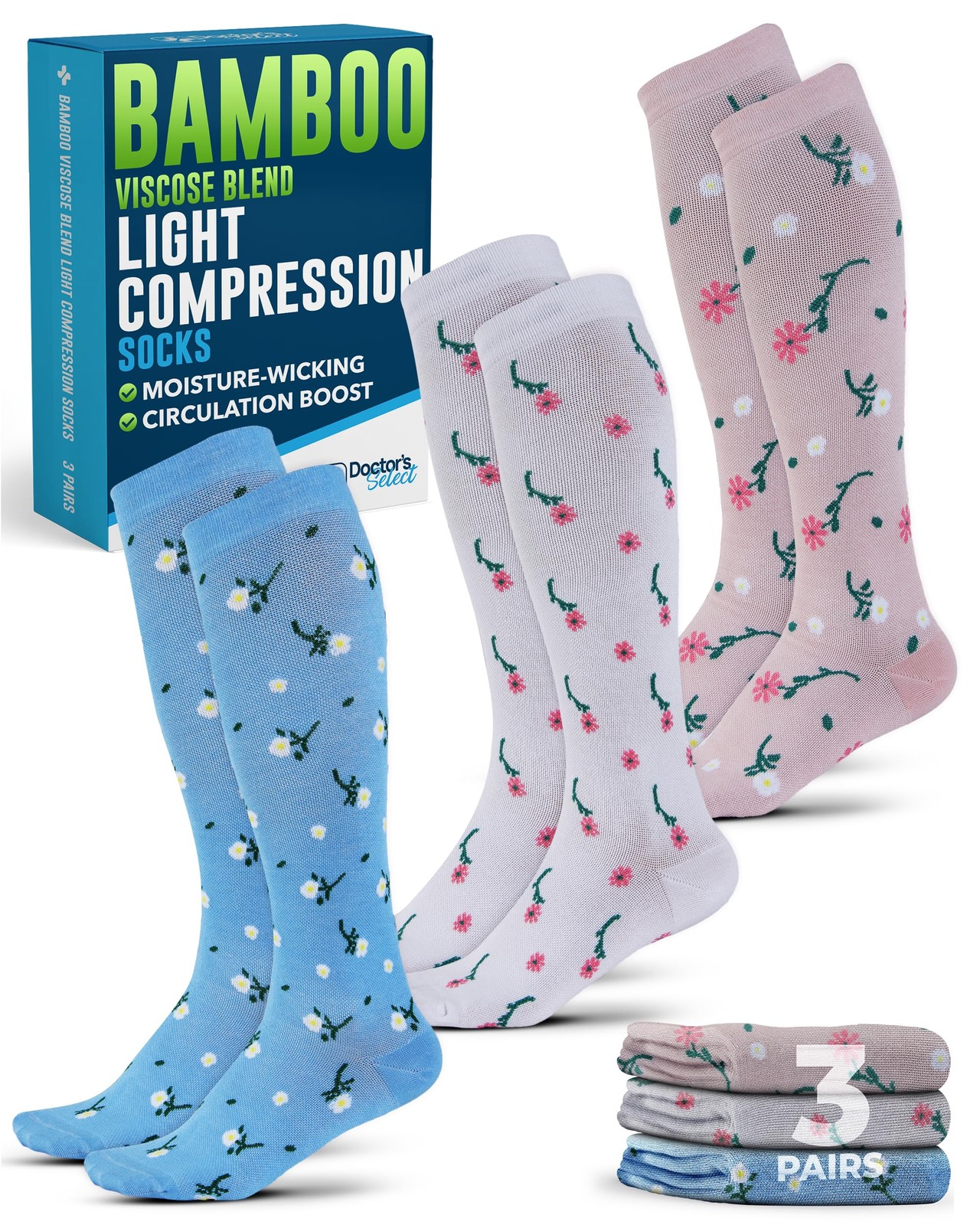 Compression Socks Bamboo Viscose Light Knee High 3 Pairs for Men & Women