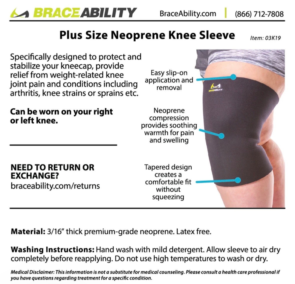 BraceAbility Neoprene Knee Sleeve Compression Support Brace 03K19 Plus Size 6XL