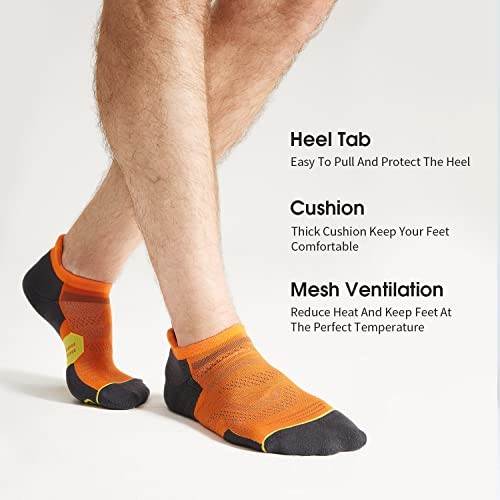 Men’s Ankle Running Socks with Cushion, Arch Support Low Cut Large Orange