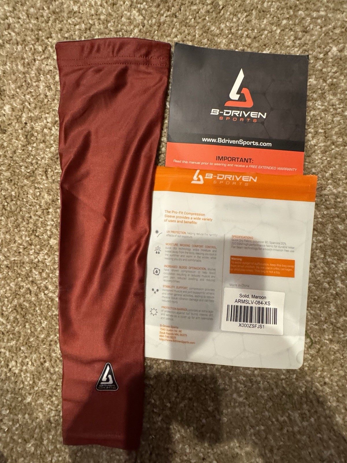 B-Driven Sports Pro-Fit Compression Arm Sleeve Maroon XS ARMSLV-084-XS