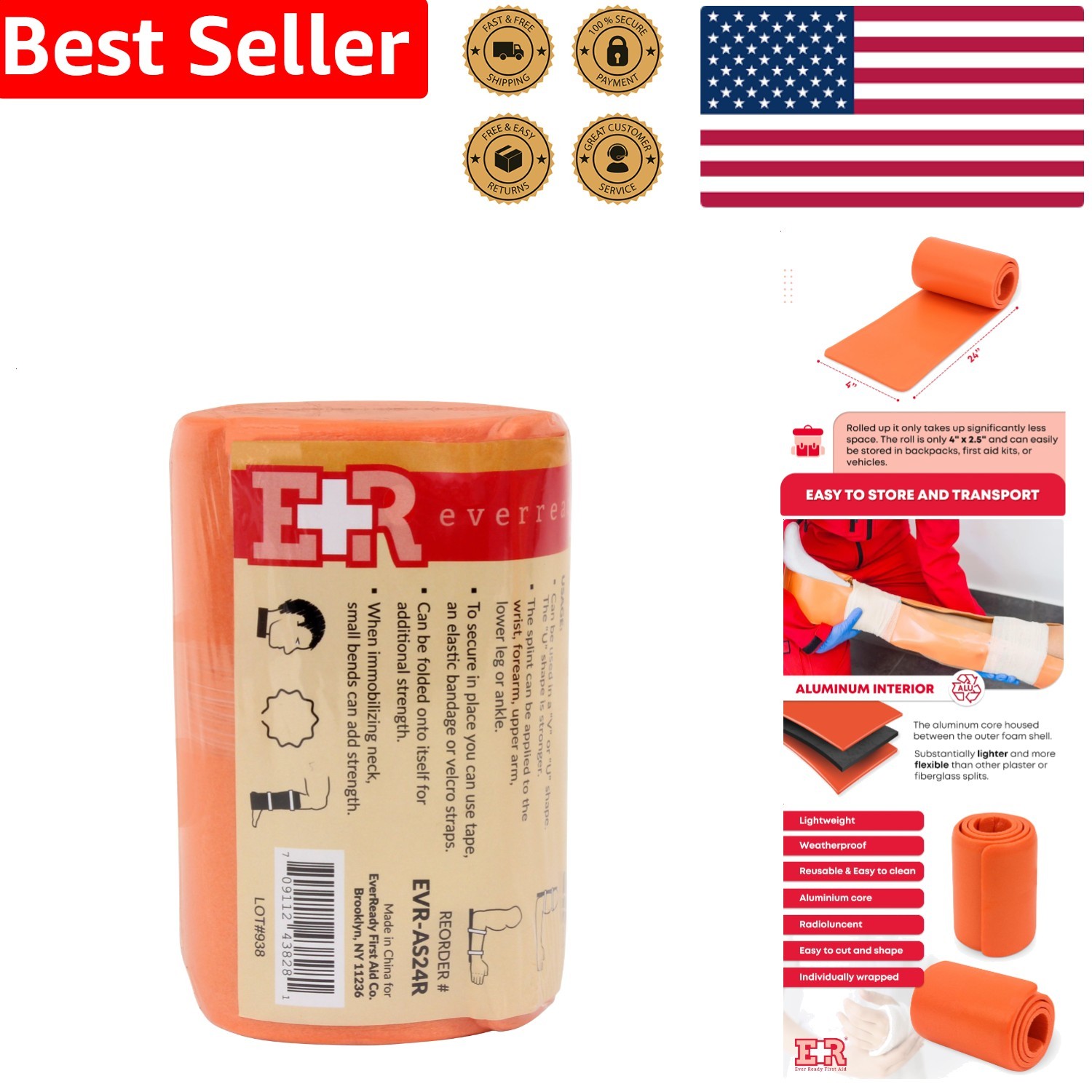 First Aid Universal Aluminum Splint 24 Inch Rolled Adult Lightweight Trauma Care