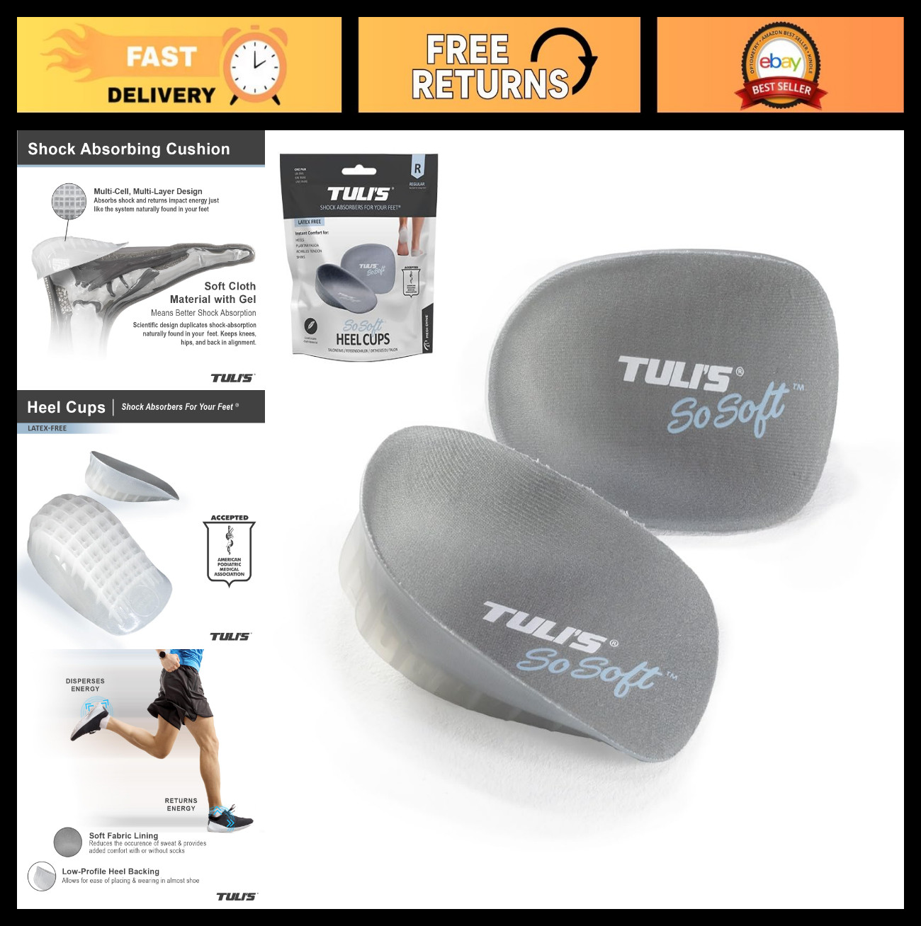 Cushioned Gel Heel Cups for Plantar Fasciitis & Heel Pain Relief, 2 Pairs, Large