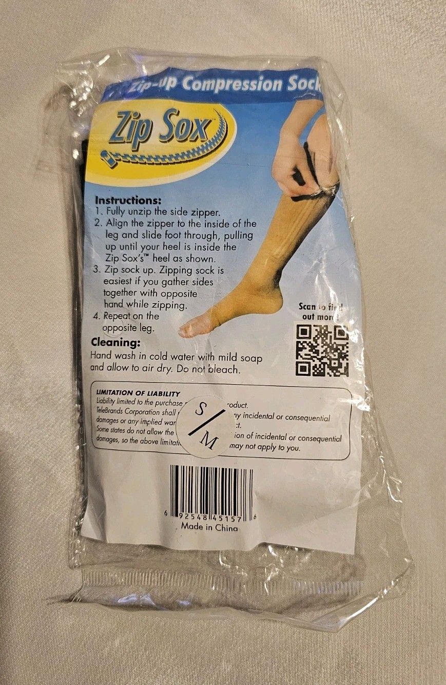 1 Pair ZIP Sox Zip Up Compression Socks Open Toe Black Size Small / Medium