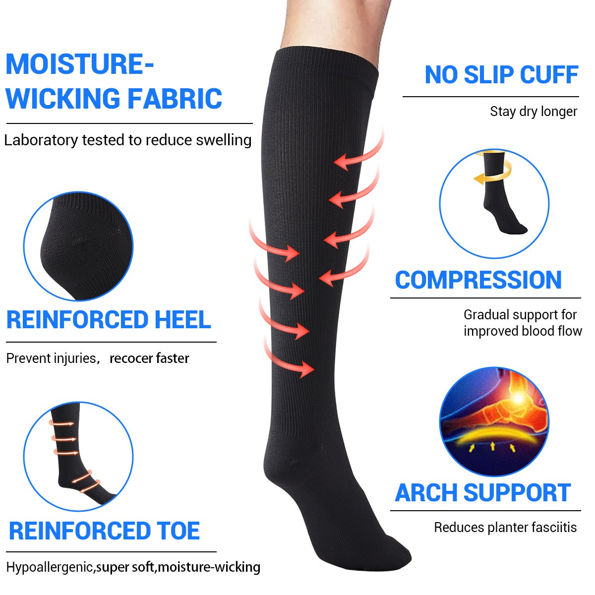 (5 Pairs)15-20mmHg Graduated Compression Support Socks Knee High Men Women S-XXL