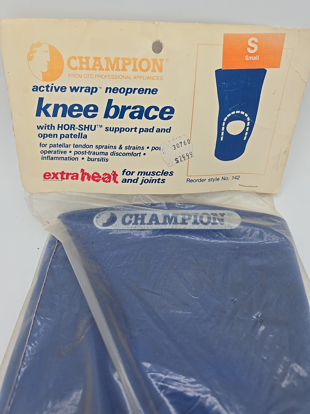 Vintage Champion Neoprene Knee Brace Made in USA, with HOR- SHU Blue, Size SMALL