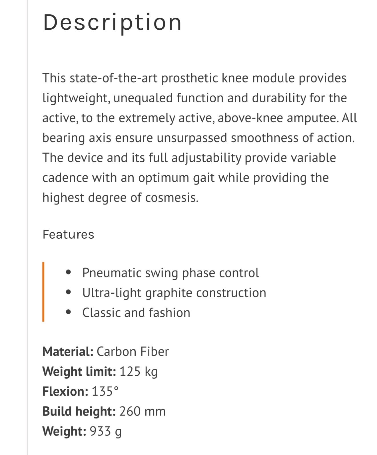 Phoenix Graph-Lite Graph lite prosthetic knee. Pneumatic prosthetic knee.