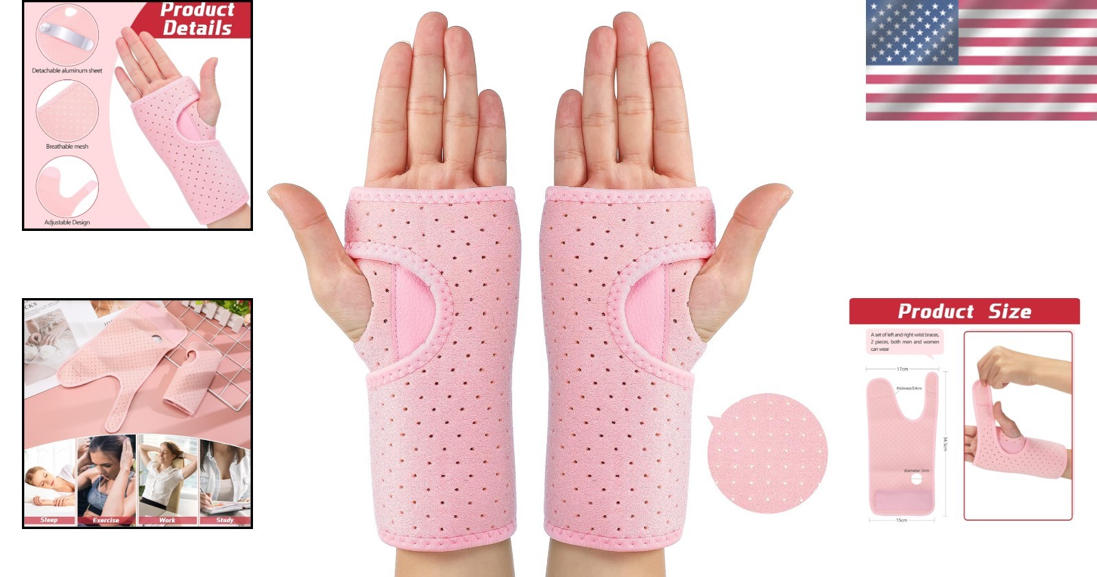 Stylish Pink Carpal Tunnel Wrist Support – Breathable Adjustable Splints, 2 Pack