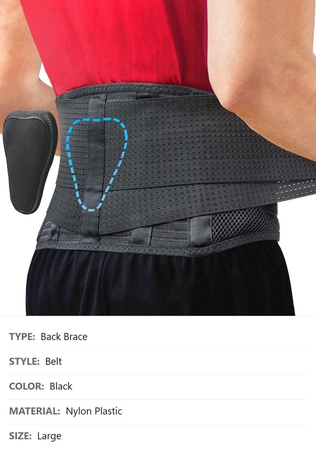 Back Brace, Large, Black, Adjustable Lumbar Pad, Breathable Mesh, Hook & Loop