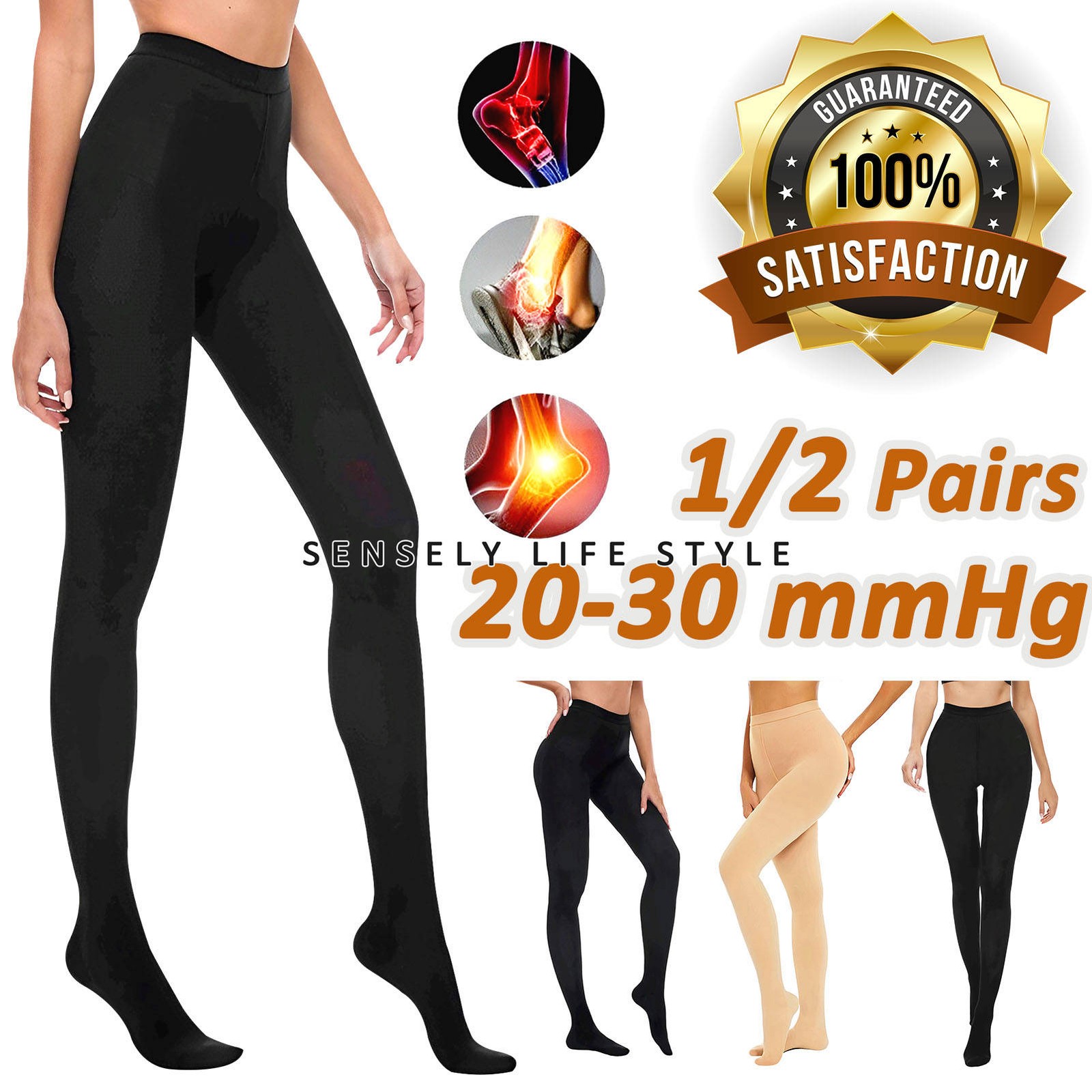 High Waisted Women Compression Pantyhose Leg Shapers 20-30 mmHg Socks Black