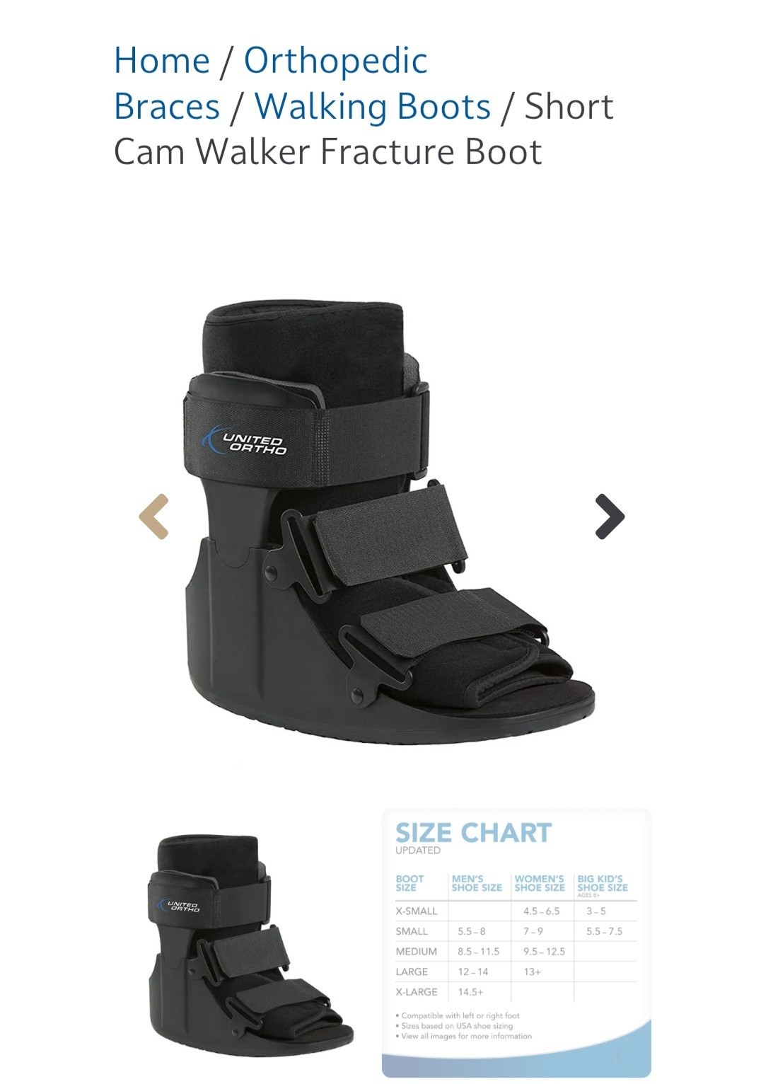 United Ortho Short Cam Walker Boot, Contoured Uprights, Rocker Sole, Black