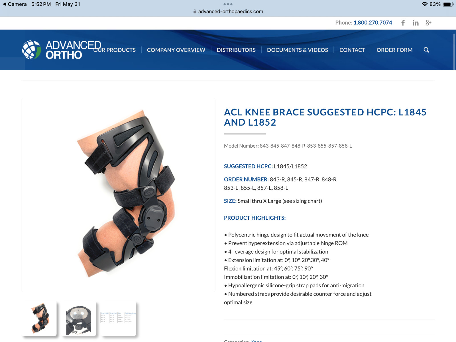 Advanced Ortho Hinged ROM Post Op Left Large Knee Brace Immobilizer ACL L1845