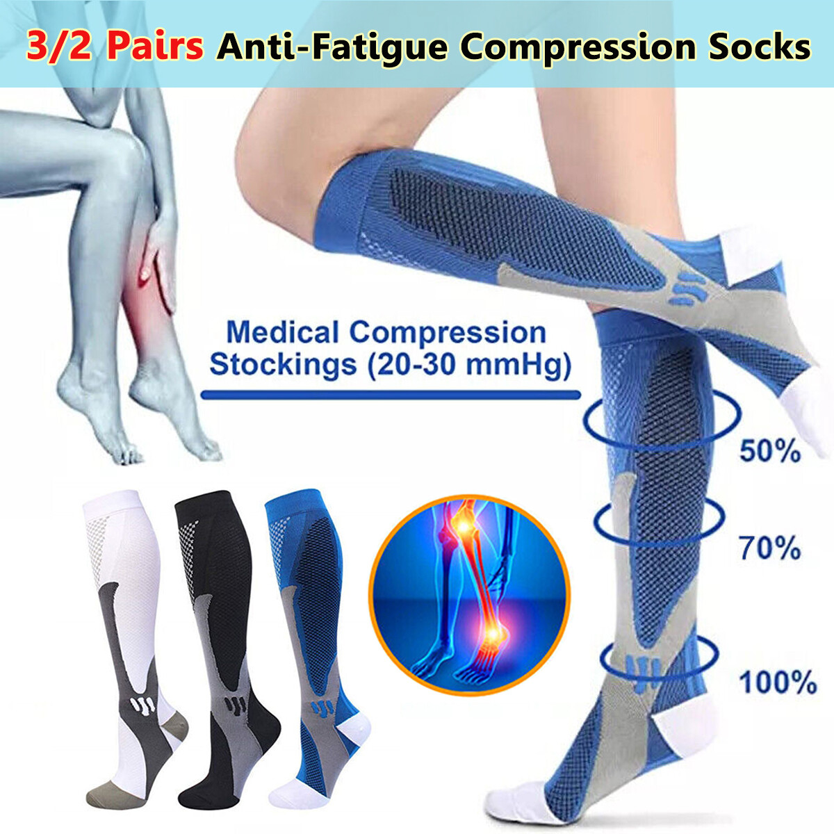 3/2 Pairs Copper Compression Socks 20-30mmHg Graduated Support Mens Womens S-2XL