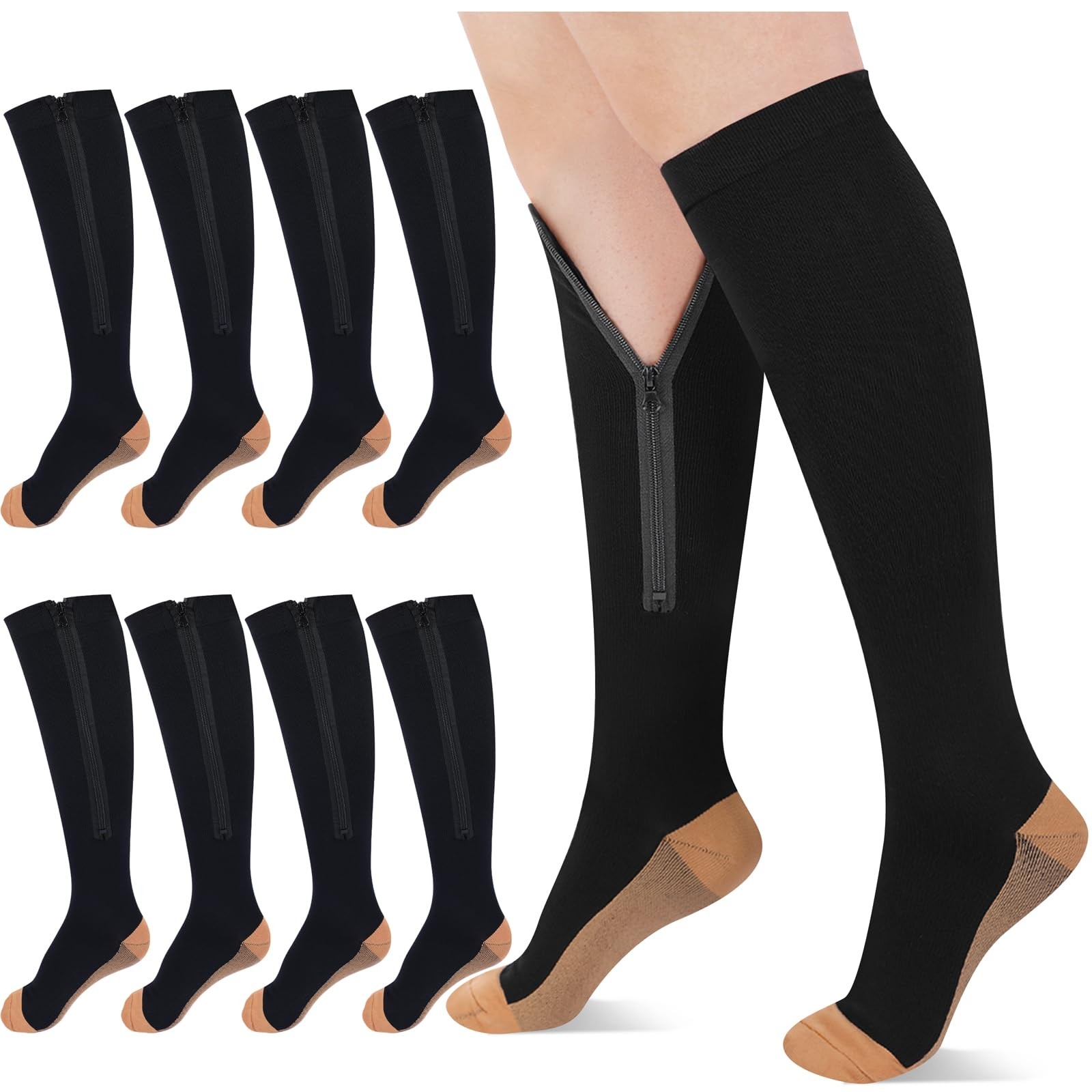 Tarpop 4 Pair Zipper Compression Socks Closed Toe 20-30 Mmhg Calf Knee High Comp