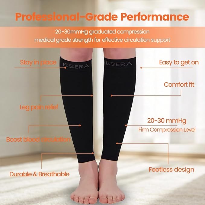 BSERA Calf Compression Sleeve 2 Pairs 15-20Mmhg Calf Support Footless Black