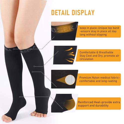 Open Toe Compression Socks for Women Men – 20-30 mmHg Toeless Knee Large Black