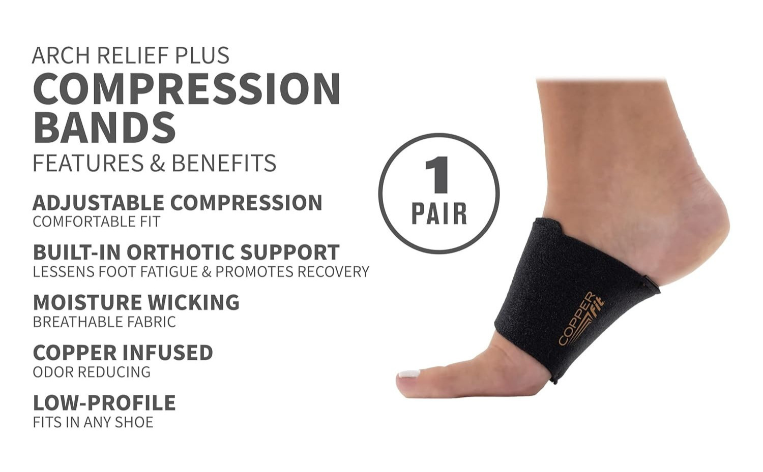 Copper Fit Arch Relief Plus Orthotic Wrap Plantar Fasciitis Black 1 Pair NEW
