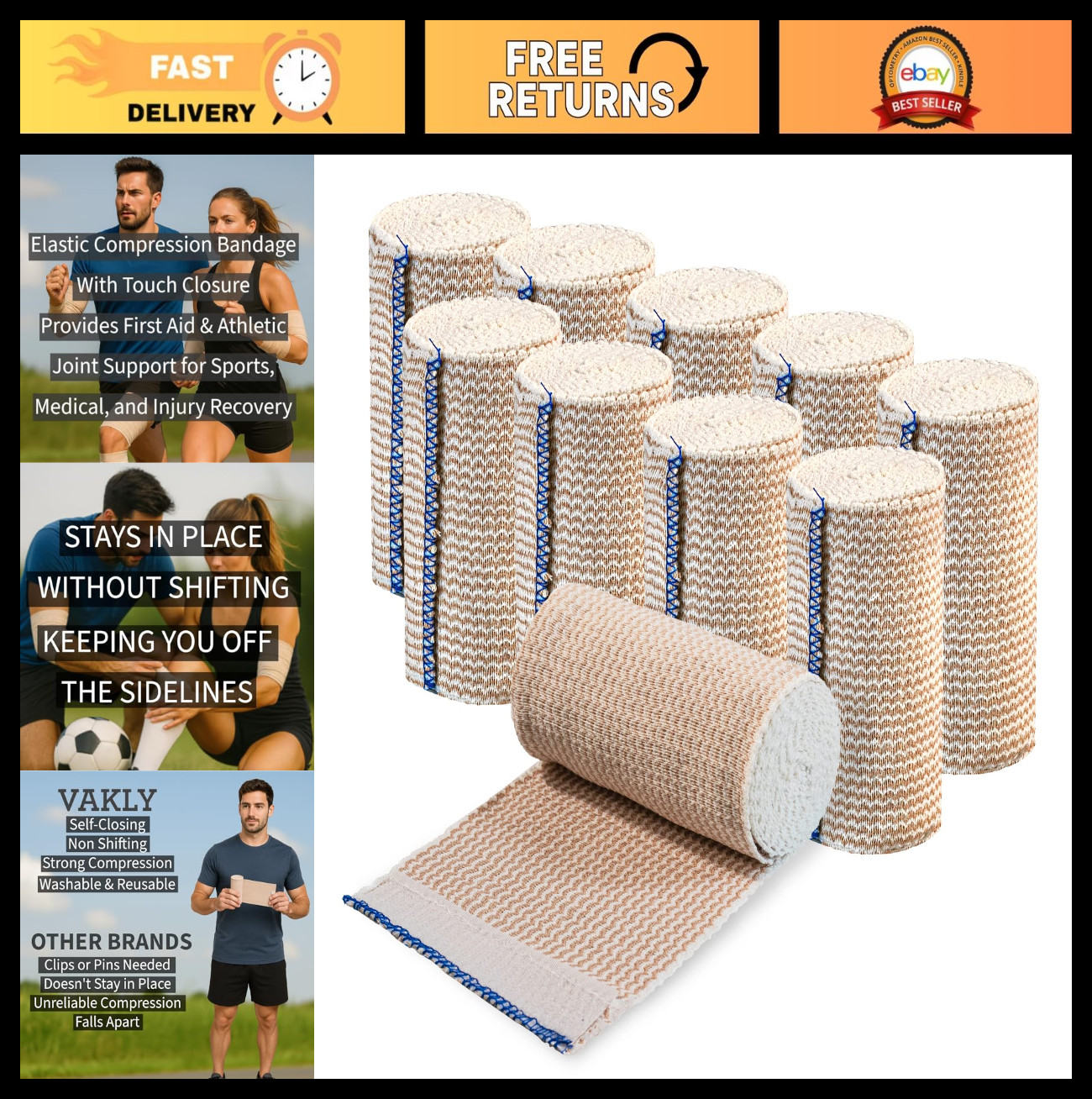 Elastic Bandage Wrap 4″x5yd (10 Pack) – Self-Adhesive Compression Rolls for Spor