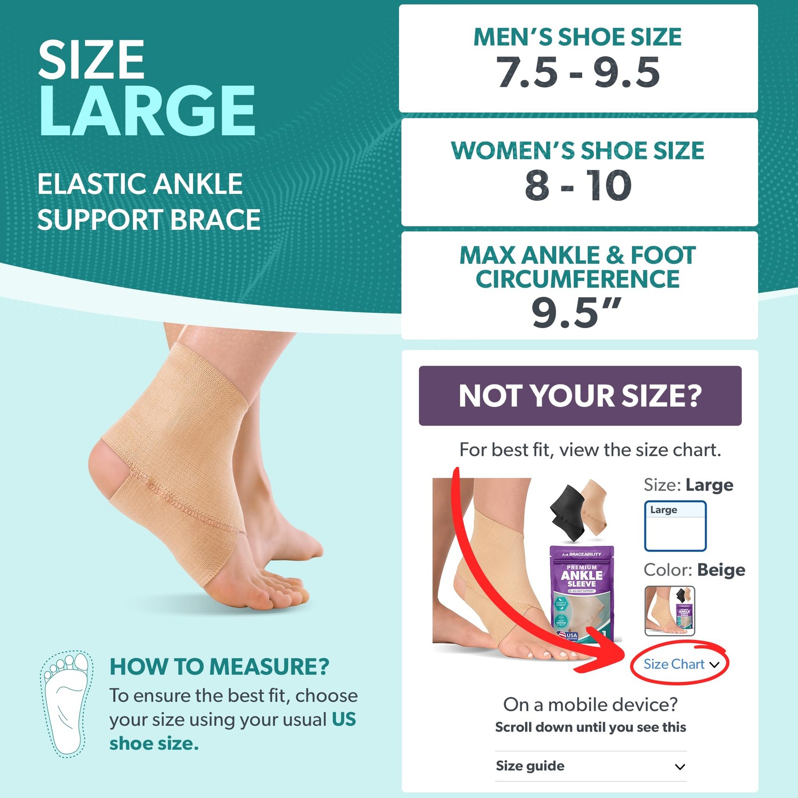 BraceAbility Elastic Ankle Support Brace – Lightweight Slip on Large, Beige